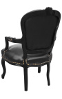 Fauteuil Louis XV de style baroque simili cuir noir et bois noir