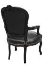 Fauteuil Louis XV de style baroque simili cuir noir et bois noir