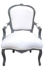 Fauteuil Louis XV de style baroque tissu blanc et bois gris anthracite