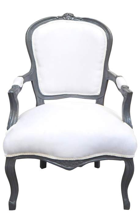 Fauteuil Louis XV de style baroque tissu blanc et bois gris anthracite