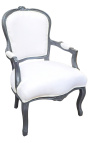 Fauteuil Louis XV de style baroque tissu blanc et bois gris anthracite