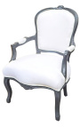 Fauteuil Louis XV de style baroque tissu blanc et bois gris anthracite