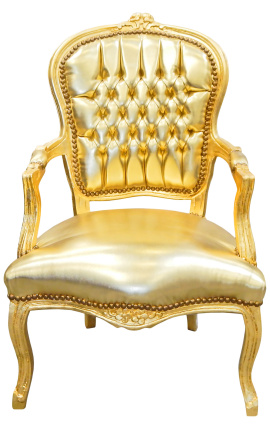 Poltrona estilo barroco Luís XV em couro sintético dourado e madeira dourada