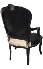 Fauteuil Louis XV de style baroque vraie peau de vache noire et bois noir