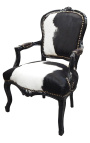 XV. Lajos stílusú barokk fotel valódi fekete-fehér marhabőrrel és feketére lakkozott fával