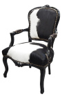 Fauteuil Louis XV de style baroque vraie peau de vache noire et bois noir