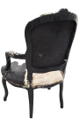 Baroque armchair of Louis XV style with real black and white cow leather and black lacquered wood