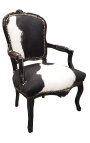 Barok fauteuil in Lodewijk XV-stijl met echt zwart-wit rundleer en zwart gelakt hout