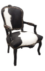 Fauteuil Louis XV de style baroque vraie peau de vache noire et bois noir