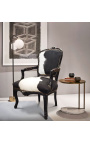 Barokowy fotel w stylu Ludwika XV z prawdziwej czarno-białej skóry bydlęcej i czarnego lakierowanego drewna
