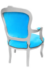 Poltrona barocca Luigi XV in velluto blu turchese e legno argentato