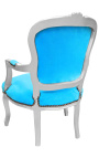 Fauteuil Louis XV de style baroque velours bleu turquoise et bois argent