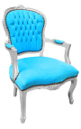 Fauteuil Louis XV de style baroque velours bleu turquoise et bois argent