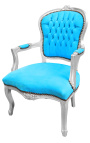 Fauteuil Louis XV de style baroque velours bleu turquoise et bois argent