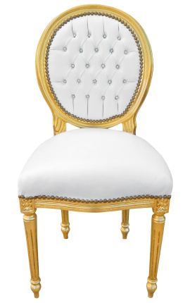Stuhl im Louis XVI-Stil aus weißem Kunstleder mit Strasssteinen und Goldholz