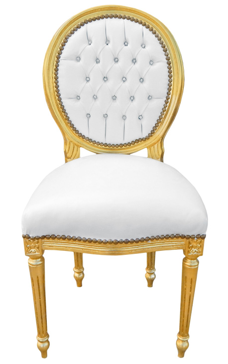 Cadeira estilo Louis XVI couro sintético branco com strass e madeira dourada