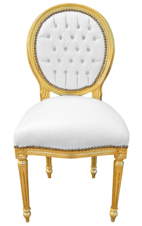 Chaise de style Louis XVI simili cuir blanc avec cristaux et bois doré