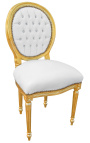 Cadeira estilo Louis XVI couro sintético branco com strass e madeira dourada