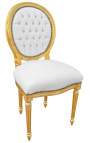 Cadira d'estil Lluís XVI imitació de pell blanca amb pedreria i fusta daurada