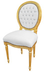 Cadeira estilo Louis XVI couro sintético branco com strass e madeira dourada