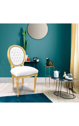 Cadira d&#039;estil Lluís XVI imitació de pell blanca amb pedreria i fusta daurada