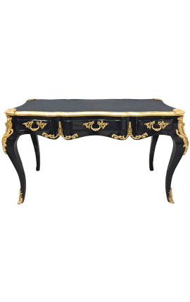 Grande mesa barroca preta estilo Louis XV, 3 gavetas, bronzes dourados