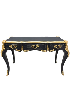 Groot barok zwart Louis XV-stijl bureau, 3 lades, verguld brons