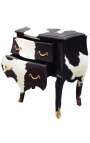 Table de nuit (chevet) commode baroque vrai peau de vache noire avec 2 tiroirs et bronzes dorés