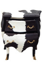 Table de nuit (chevet) commode baroque vrai peau de vache noire avec 2 tiroirs et bronzes dorés