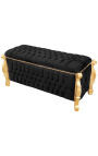 Grande panca barocca in tessuto di velluto nero in stile Luigi XV con strass e legno dorato
