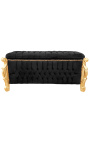 Grande panca barocca in tessuto di velluto nero in stile Luigi XV con strass e legno dorato