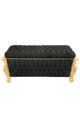 Stor barok bænk kuffert Louis XV stil sort fløjl stof med krystaller og guld træ