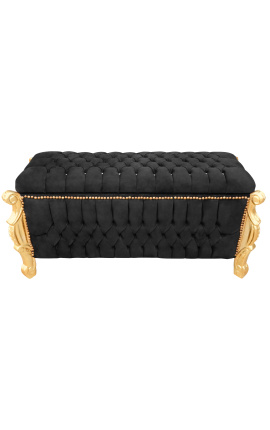 Grande banquette coffre baroque de style Louis XV tissu velours noir avec strass et bois doré