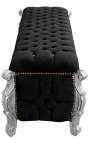 Big baroque bench trunk Louis XV style black velvet fabric with cristals and silver wood