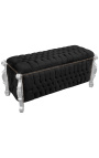 Grande panca barocca in tessuto di velluto nero in stile Luigi XV con strass e legno argentato