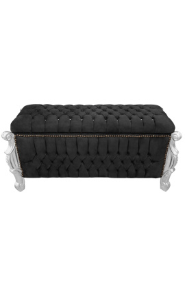 Grande panca barocca in tessuto di velluto nero in stile Luigi XV con strass e legno argentato