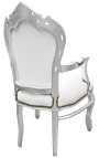 Barok rokoko lænestol stil hvidt kunstlæder og forsølvet træ