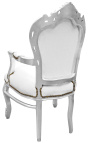 Baroka rokoko stila atzveltnes krēsls baltā āda un sudrabots koks