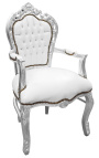 Barok fauteuil in Rococo-stijl, wit kunstleer en verzilverd hout