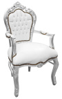 Barokowy fotel w stylu rokoko, biała ekoskóra i posrebrzane drewno