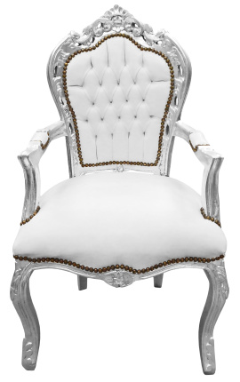 Fauteuil Barok Rococo stijl wit kunstleer en verzilverd hout