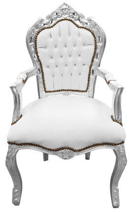 Nojatuoli barokkirokokootyylistä valkoista keinonahkaa ja hopeoitua puuta