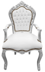 Barokinis rokoko stiliaus fotelis iš baltos odos ir sidabruotos medienos