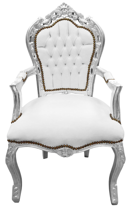 Baroka rokoko stila atzveltnes krēsls baltā āda un sudrabots koks