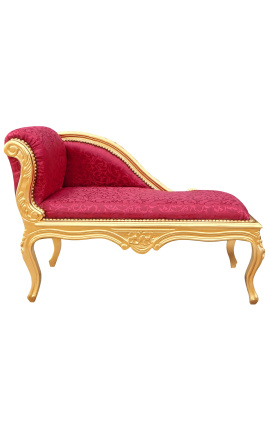 Louis XV estilo chaise longue rojo tela satinada y madera de oro