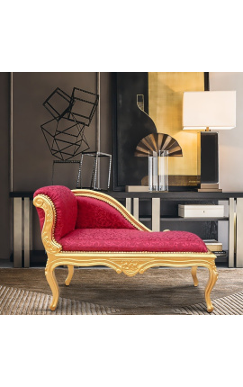 Chaise longue in Lodewijk XV-stijl in rode satijnstof en goudkleurig hout