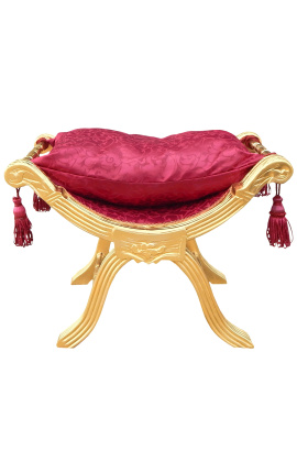 Römische Bank (oder Dagobert) aus rotem Satinstoff und goldenem Holz 