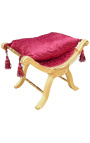Ławka rzymska (lub Dagobert) czerwona satynowa tkanina i złote drewno 