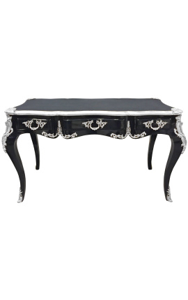Duże barokowe czarne biurko w stylu Ludwika XV, 3 szuflady, srebrne brązy