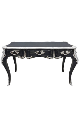 Groot barok zwart Louis XV-stijl bureau, 3 lades, zilver brons